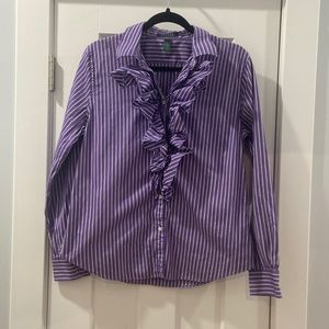Ralph Lauren Purple and White Striped Tuxedo Ruffle Button Shirt women's large